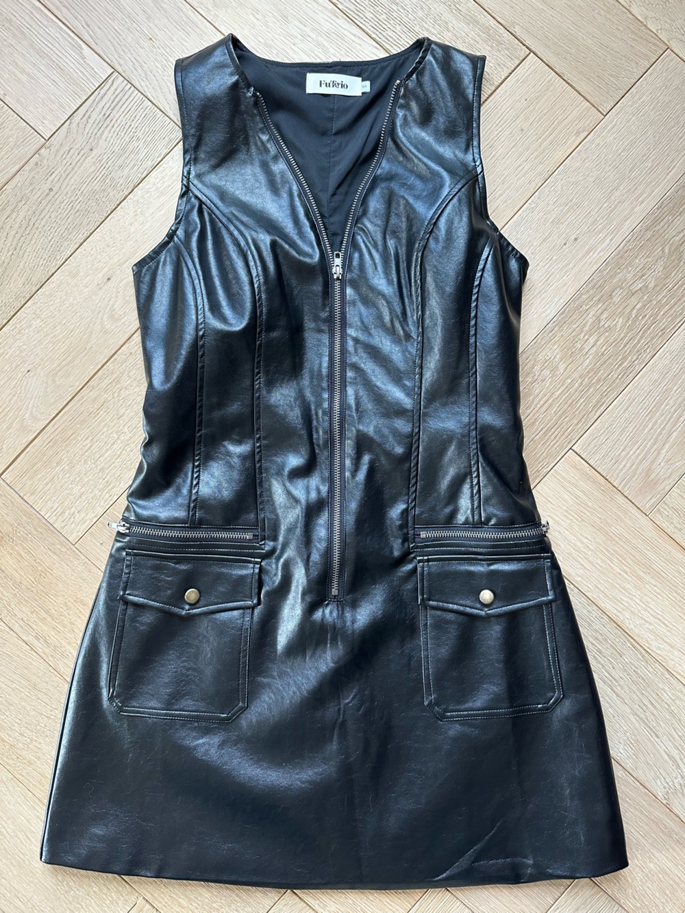Black Faux Leather Sleeveless Zip-Front Dress - Picture 2 of 5